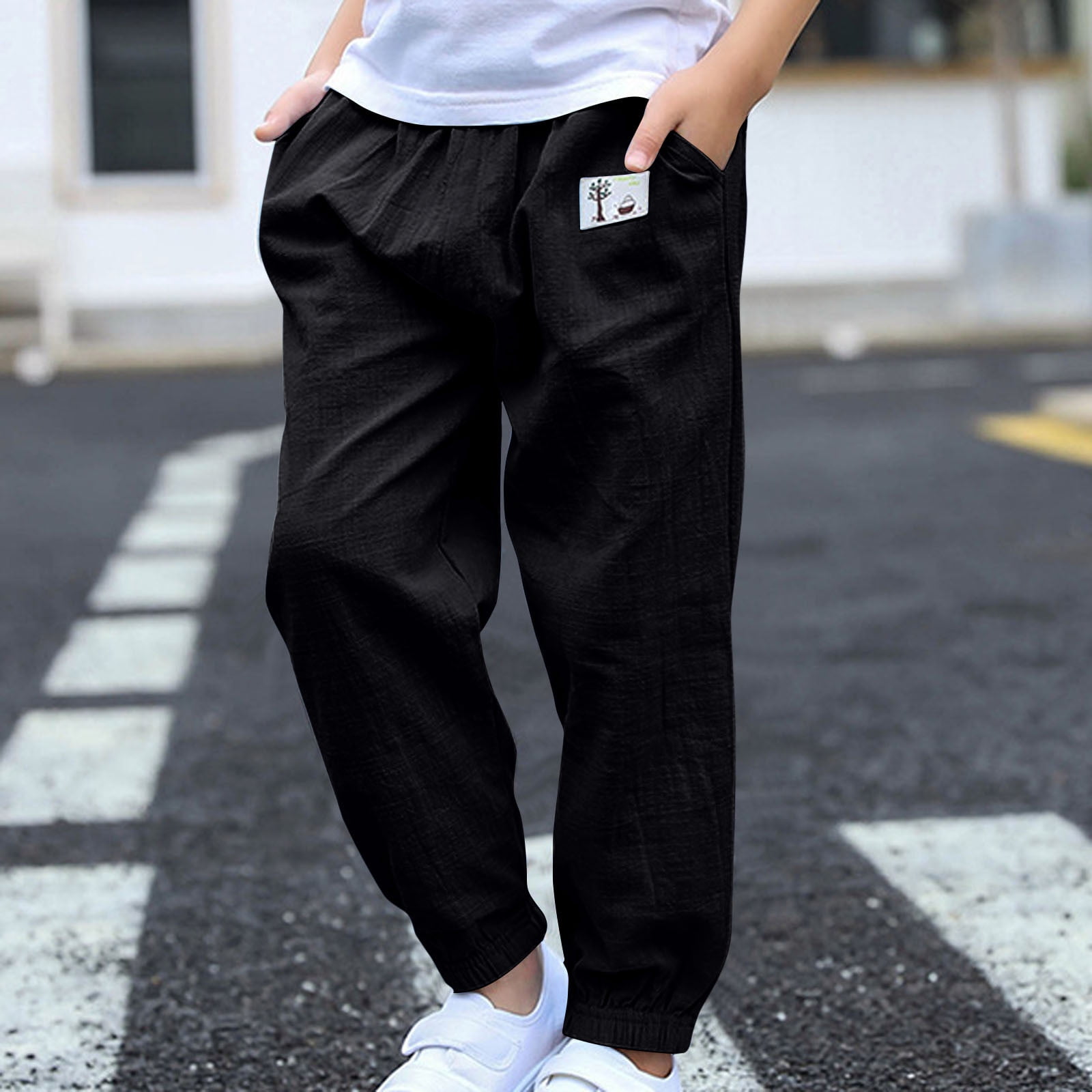 BXINGOHAI Boys Cotton Linen Pants Childrens Slim Fit Straight Leg Pants Drawstring Elastic Waist Pant With Pocket Casual Outwear Pants