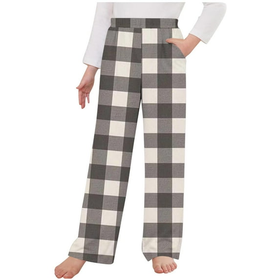 BXINGOHAI Boys Girls Pajama Pants Long Sleep Pants Soft Elastic Waist Bottoms Plaid Lounge Pants With 2 Pockets Black,12 Years