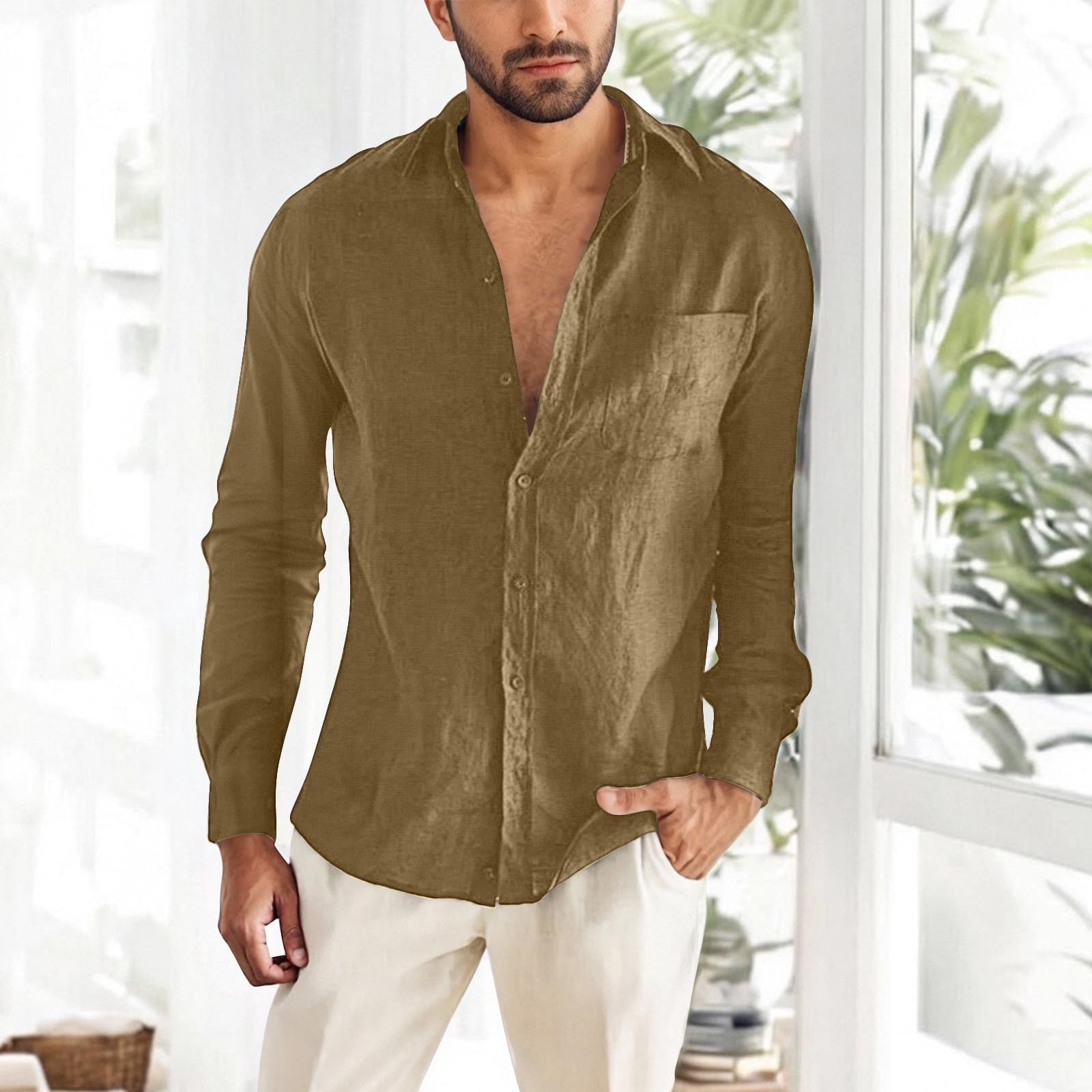 BXINGOHAI Button Down Linen Shirts for Men Casual Long Sleeve Loose Fit ...