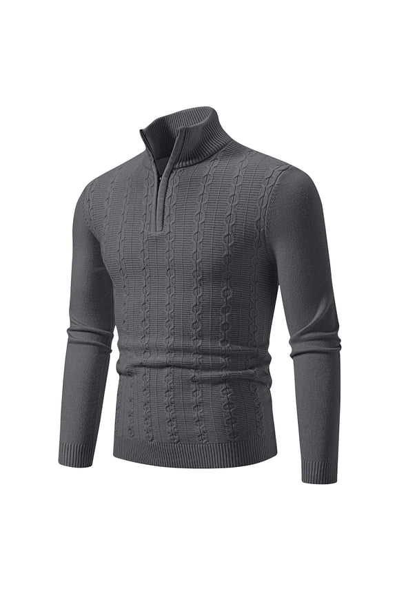 Cable Knit Sweater Men 1/4 Zip Mock Neck 2024 Pullover Long Sleeve Casual Jumper Tops Solid Color Sweaters Dark Gray,L