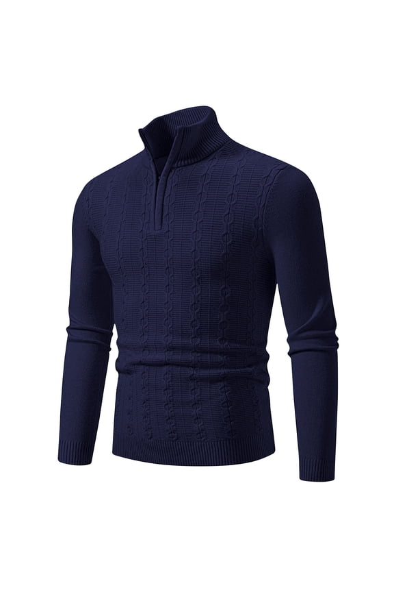 Cable Knit Sweater Men 1/4 Zip Mock Neck 2024 Pullover Long Sleeve Casual Jumper Tops Solid Color Sweaters Today Navy,L