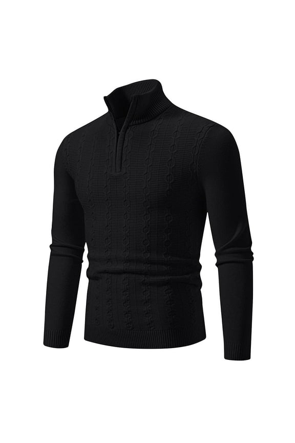 Cable Knit Sweater Men 1/4 Zip Mock Neck 2024 Pullover Long Sleeve Casual Jumper Tops Solid Color Sweaters Today Sales Black,XL