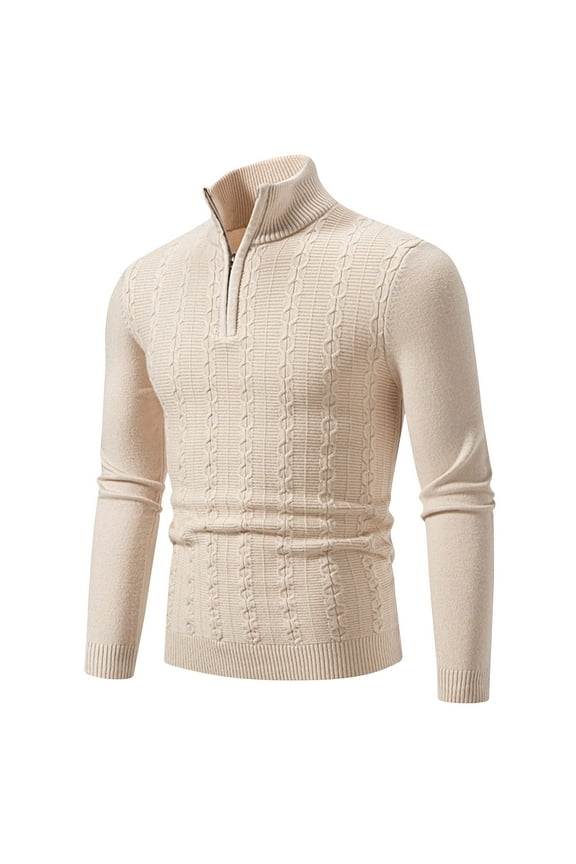 Cable Knit Sweater Men 1/4 Zip Mock Neck 2025 Pullover Long Sleeve Casual Jumper Tops Solid Color Sweaters Beige,XXL