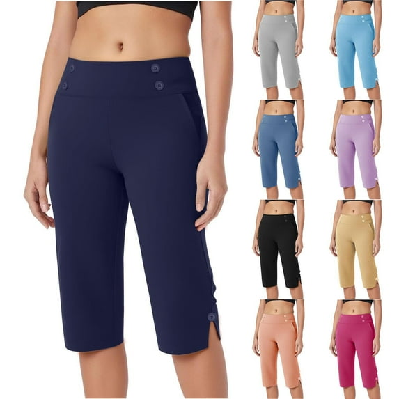 BXINGOHAI Capri Pants for Women 14" Knee Length Wide Leg Yoga Capris Dressy Casual Summer Crop Pants with Pockets Navy S