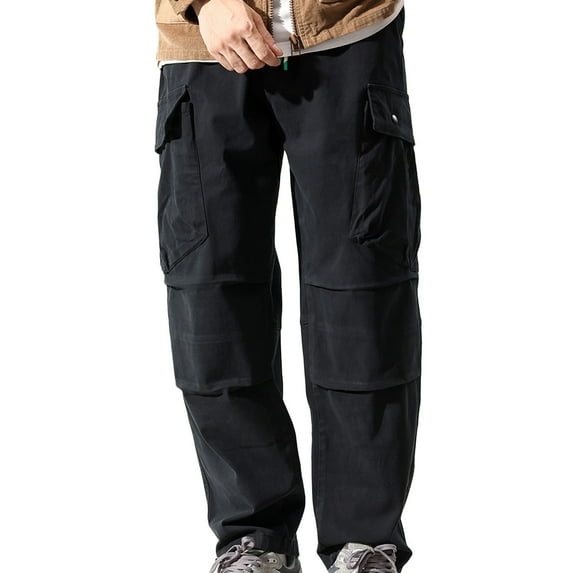 BXINGOHAI Cargo Cotton Pants For Men Breathable Baggy Work Pants Loose Fit Outdoor Jogging Hiking Pants With Pocket Drawstring Casual Solid Workout Bottoms Black,XXL