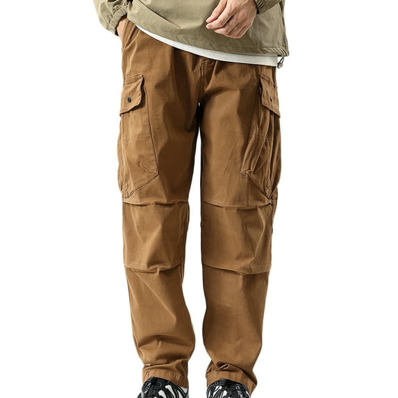 BXINGOHAI Cargo Cotton Pants For Men Breathable Baggy Work Pants Loose Fit Outdoor Jogging Hiking Pants With Pocket Drawstring Casual Solid Workout Bottoms Coffee,XL