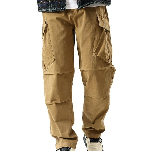 BXINGOHAI Cargo Cotton Pants For Men Breathable Baggy Work Pants Loose Fit Outdoor Jogging Hiking Pants With Pocket Drawstring Casual Solid Workout Bottoms Today Sales Khaki,XXL