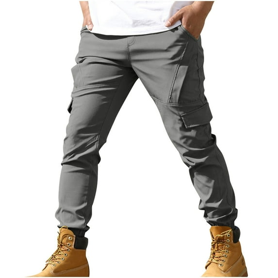 BXINGOHAI Cargo Pants for Men Solid Color Jogging Pants Casual Multi Pockets Work Pants Elastic Waist Workout Pant Outdoor Active Long Pants Today Deals Gray,S
