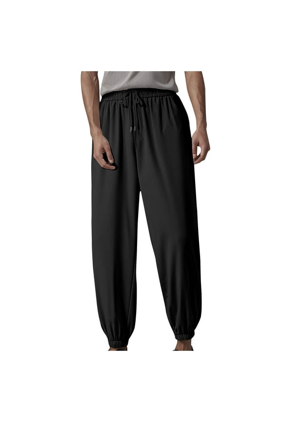 Casual Big And Tall Pants For Men Solid Resistant Drawstring Pants Solid Elastic Waistband Pants Lightweight Loose Fit Pant With Pocket Today Black,L