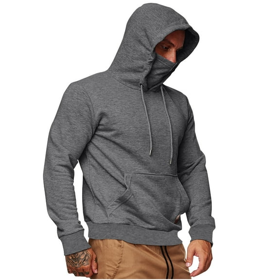BXINGOHAI Casual Hoodies Sweatshirts For Men With Mask Pullover Shirts Basic Solid Hooded Sweatshirt Outdoor Tactical Fishing Tops With Pockets Drawstring Today Dark Gray,L