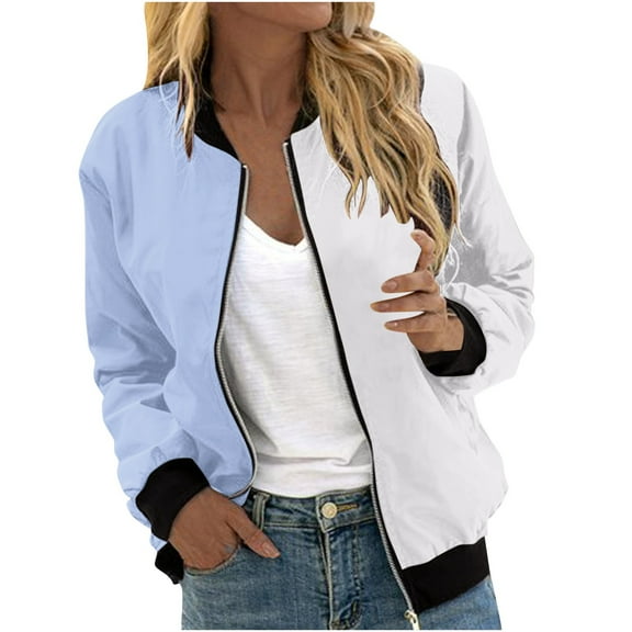 BXINGOHAI Classic Full Zip Bomber Jacket for Women Spring Casual Long Sleeved Jackets Lightweight Zip Up Coat Trendy Color Block Outwear Light Blue,XXL