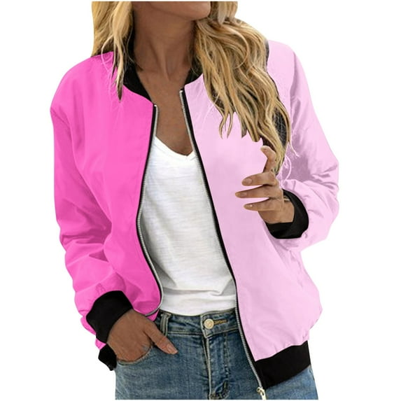 BXINGOHAI Classic Full Zip Bomber Jacket for Women Spring Casual Long Sleeved Jackets Lightweight Zip Up Coat Trendy Color Block Outwear Clearance Sale Pink,L