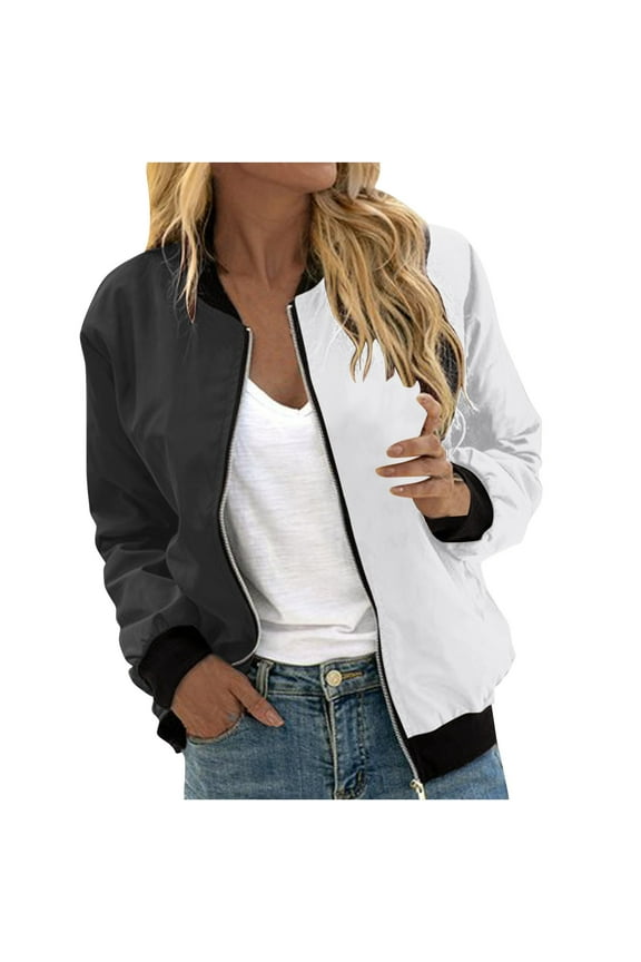 Classic Full Zip Bomber Jacket for Women Spring Casual Long Sleeved Jackets Lightweight Zip Up Coat Trendy Color Block Outwear Black,XL