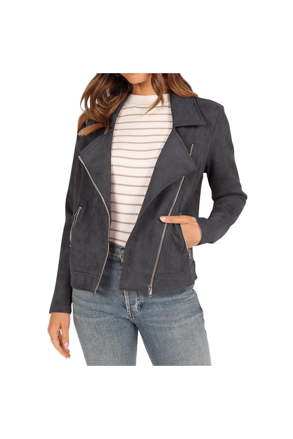 Coats for Women Fall Biker Moto Jacket Fashion Long Sleeve Zipper Tops Casual Outdoor Outerwear With Pockets Clearance Sale Gray,M