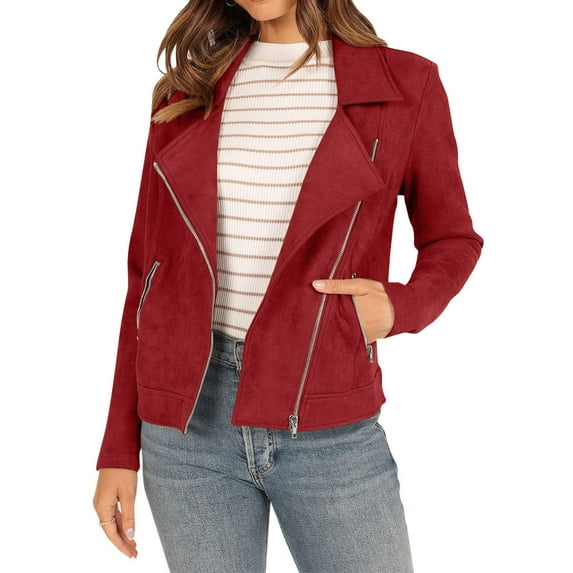 BXINGOHAI Coats for Women Fall Biker Moto Jacket Fashion Long Sleeve Zipper Tops Casual Outdoor Outerwear With Pockets Clearance Sale Red,XL