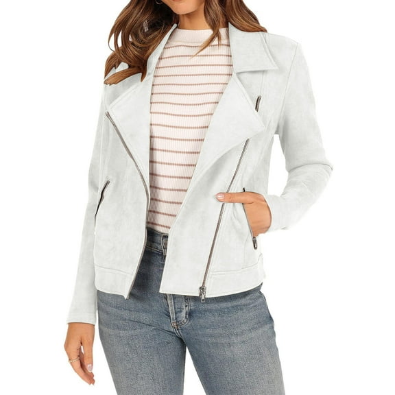 BXINGOHAI Coats for Women Fall Biker Moto Jacket Fashion Long Sleeve Zipper Tops Casual Outdoor Outerwear With Pockets White,S