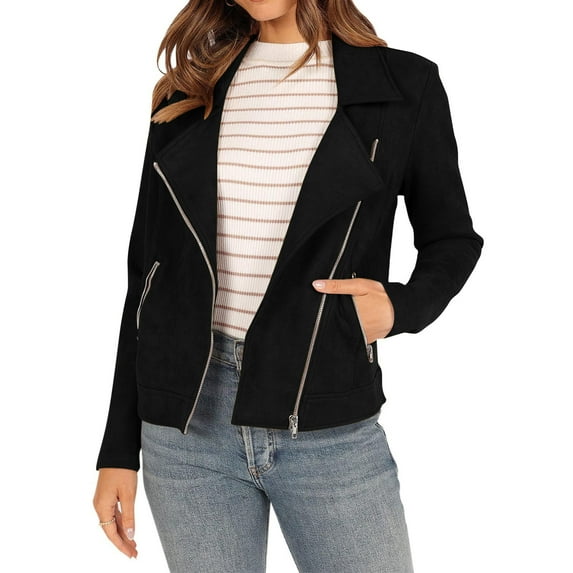 BXINGOHAI Coats for Women Fall Biker Moto Jacket Fashion Long Sleeve Zipper Tops Casual Outdoor Outerwear With Pockets Today Sales Black,XXL