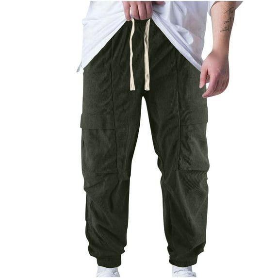 BXINGOHAI Corduroy Cargo Pants for Men Drawstring Work Pants Solid Comfy Workout Pants 2025 Athletic Hiking Long Pant With 6 Pockets Army Green,L