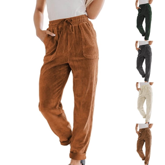 BXINGOHAI Corduroy Pants for Women Casual Drawstring Elastic High Waist Straight Leg Pants Loose Comfy Trousers with Pockets Khaki L