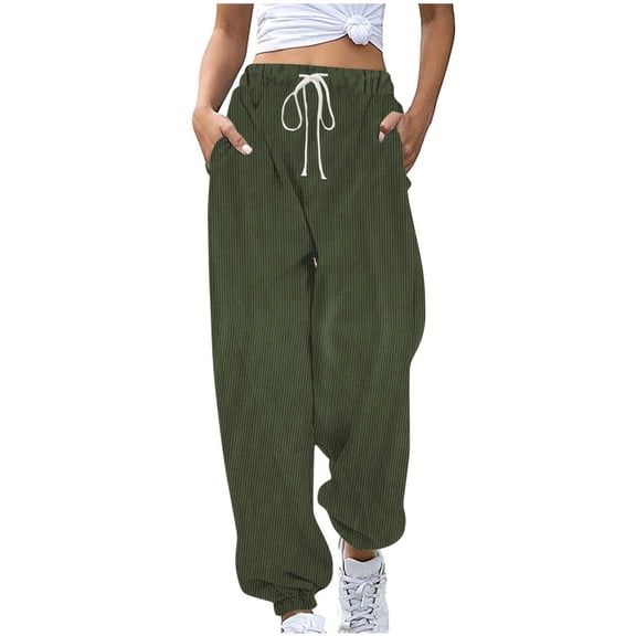 BXINGOHAI Corduroy Sweatpants for Women Pants Drawstring Tapered Pants Pockets High Waist Sporty Gym Athletic Fit Jogger Pants Lounge Trousers Today Army Green,L