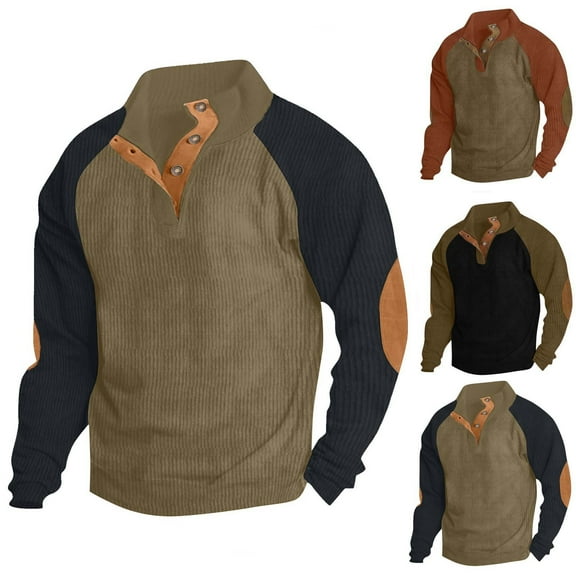 BXINGOHAI Corduroy Sweatshirts for Men Stand Collar Quarter Button Up Shirts Long Sleeve Warm Heavyweight Sweatshirt Orange,L