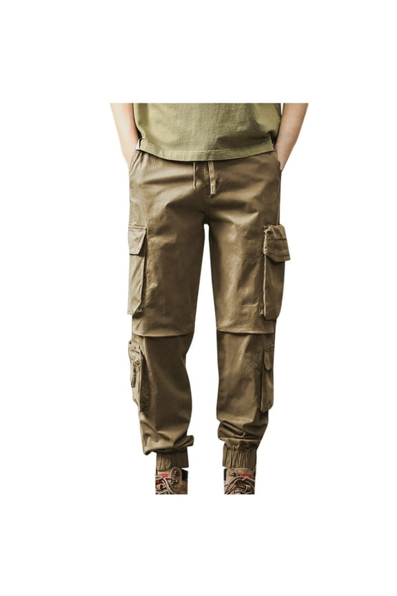 Cotton Cargo Pants For Men Big and Tall Hiking Pants Heavyweight Loose Fit Work Pant Breathable Elastic Waistband Pants Solid Sport Long Pants With 8 Pocket Army Green Yellow,XXXXL