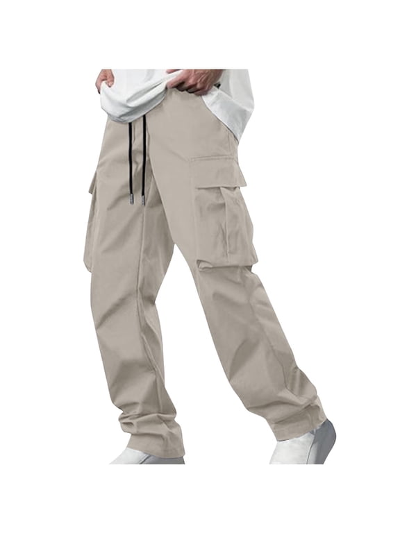 Cotton Cargo Pants For Men Breathable Hiking Pants Heavyweight Loose Fit Elastic Waistband Work Pant Solid Sport Jogging Long Pants With Pocket Gray,L