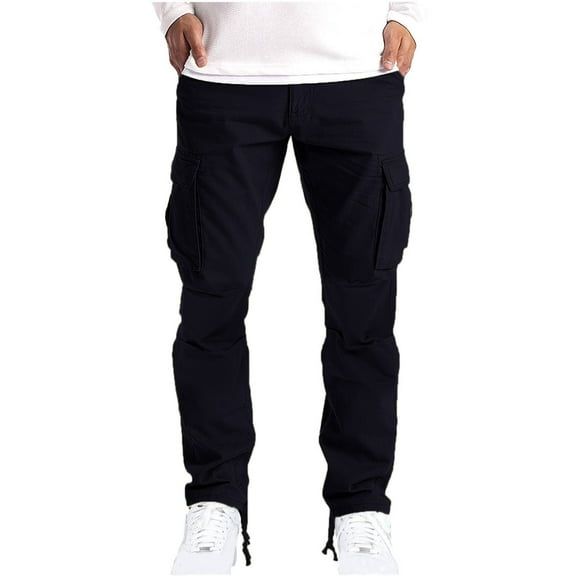 BXINGOHAI Cotton Cargo Pants For Men Breathable Hiking Work Pants Loose Fit Solid Workout Pant Elastic Waist Outdoor Athletic Gym Long Pant Navy,M