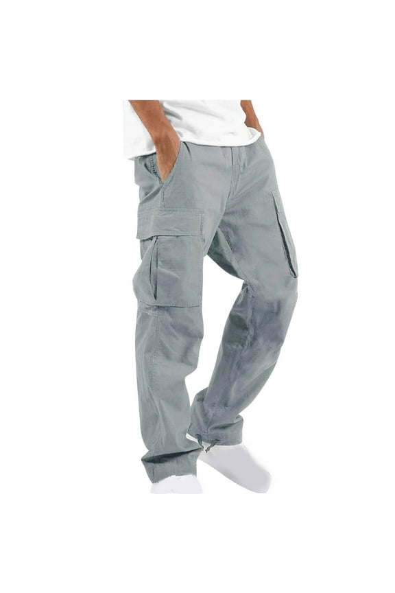 Cotton Cargo Pants For Men Breathable Hiking Work Pants Solid With 4 Pocket Workout Pant Elastic Waist Outdoor Athletic Running Long Pant Today Sales Gray,L