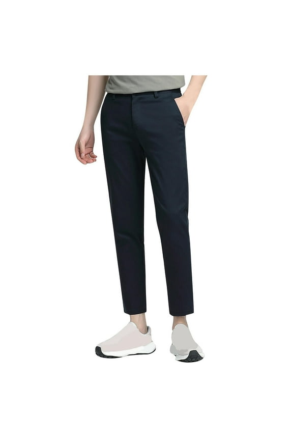 Cotton Front Flat Pants For Men Slim Fit Breathable Solid Pants Button Zipper Straight Leg Pants Big And Tall Outdoor Golf Pant With Pocket Today Sales Dark Blue,S