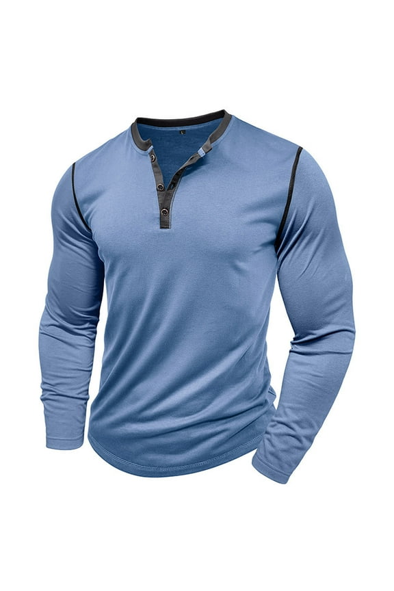 Cotton Long Sleeves Shirts for Men Button Crewneck Pullover T-Shirts Slim Fit Basic Shirt Outdoor Athletic Running Tops Blue,L