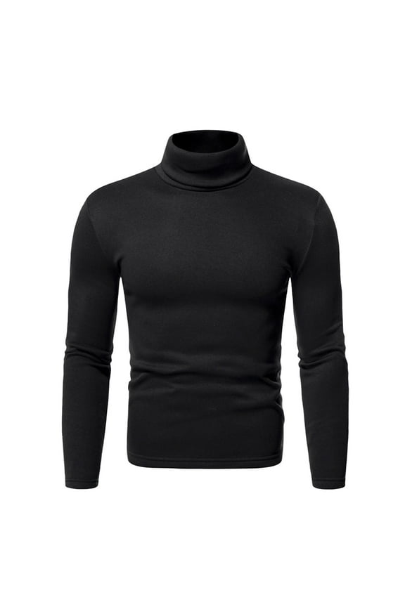 Cotton Solid T-Shirts for Men Breathable Turtleneck Long Sleeve Shirts Thin Fleece Basic Shirt Slim Fit Tops 2024 Fall Winter Clothes Black,M