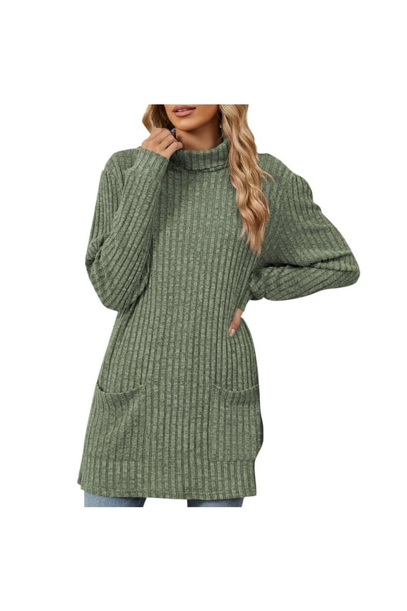 Cotton Sweaters for Women Solid Turtleneck Pullover Tops Solid Long Sleeve Sweater 2024 Trendy Daily Tops With Pockets Army Green,S