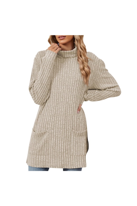 Cotton Sweaters for Women Solid Turtleneck Pullover Tops Solid Long Sleeve Sweater 2024 Trendy Daily Tops With Pockets Beige,S