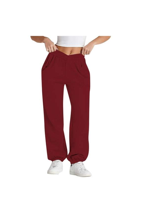 Crossover High Waisted Sweatpants for Women Asymmetrical Cross V Waist Pants Baggy Lounge Running Jogger With Pocket Red,S