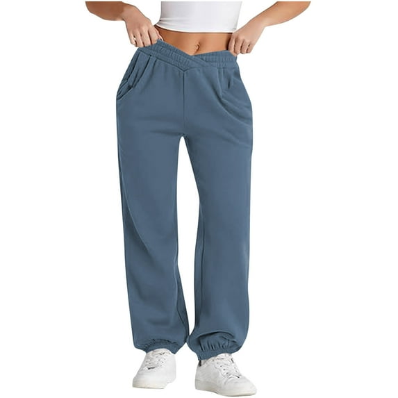 BXINGOHAI Crossover High Waisted Sweatpants for Women Asymmetrical Cross V Waist Pants Baggy Lounge Running Jogger With Pocket Fall Savings Blue,M