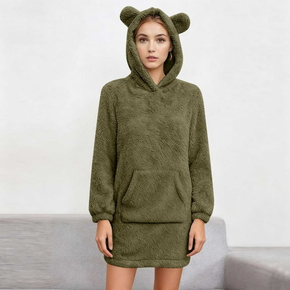 BXINGOHAI Cute Teddy Bear Ears Hoodie Long Sleeve Soft Warm Fleece Homewear Army Green S