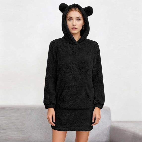 BXINGOHAI Cute Teddy Bear Ears Hoodie Long Sleeve Soft Warm Fleece Homewear Black S