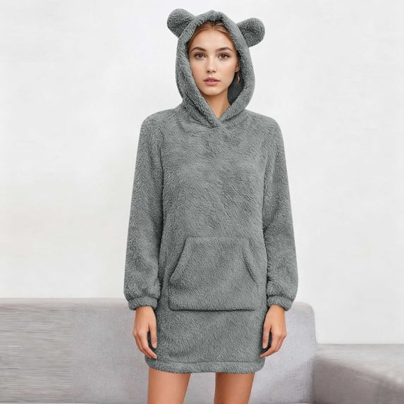 BXINGOHAI Cute Teddy Bear Ears Hoodie Long Sleeve Soft Warm Fleece Homewear Dark Gray S