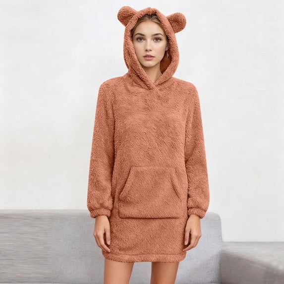 BXINGOHAI Cute Teddy Bear Ears Hoodie Long Sleeve Soft Warm Fleece Homewear Orange M