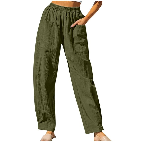 BXINGOHAI Elastic Waist Pants for Women Solid Drawstring Pants Lightweight Loose Fit Pant 2024 Fashion Daily Pants Trousers Army Green,S