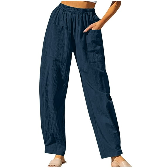 BXINGOHAI Elastic Waist Pants for Women Solid Drawstring Pants Lightweight Loose Fit Pant 2024 Fashion Daily Pants Trousers Navy,M