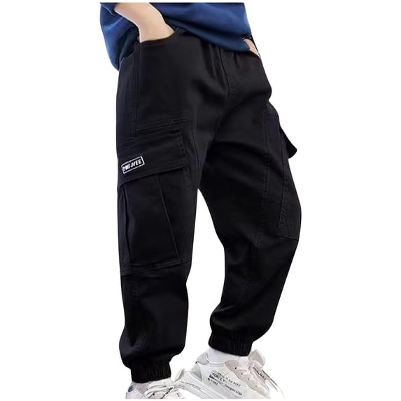 BXINGOHAI Fashion Cargo Pants for Children Multi Pockets Cotton Work Pants Elastic Waist Taperd Pant Fall Winter Long Pant Black,13 Years