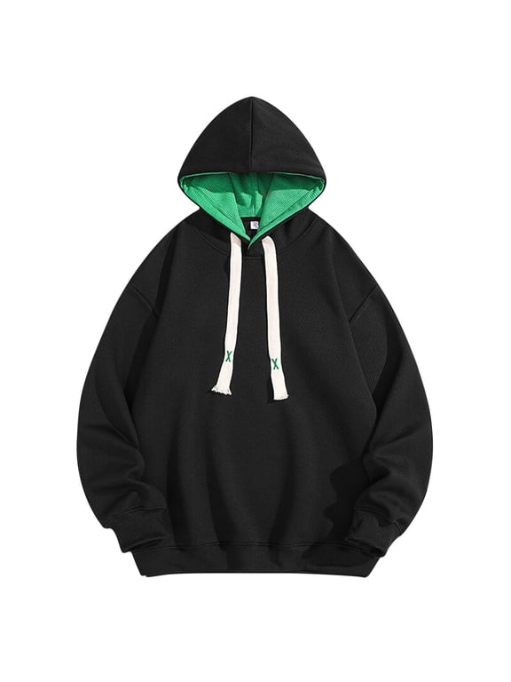 Fashion Hoodies Sweatshirt For Men Casual Solid Pullover Tops 2024 Outdoor Daily Long Sleeve Sweatshirts With Drawstring Black,XXXL