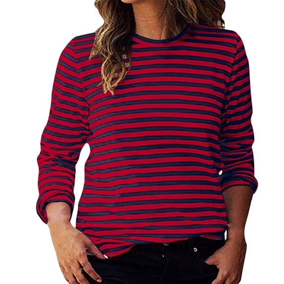 BXINGOHAI Fashion Striped Tops for Women Fall Crewneck Long Sleeve Shirts Loose Fit Blouse Casual Outdoor Tunic Tees Under $10 Hot Pink,L