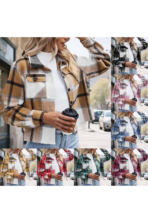 I Flannels for Women Cropped Shacket Jacket Fashion Plaid Button Down Shirt Fall Coat Tops Red S