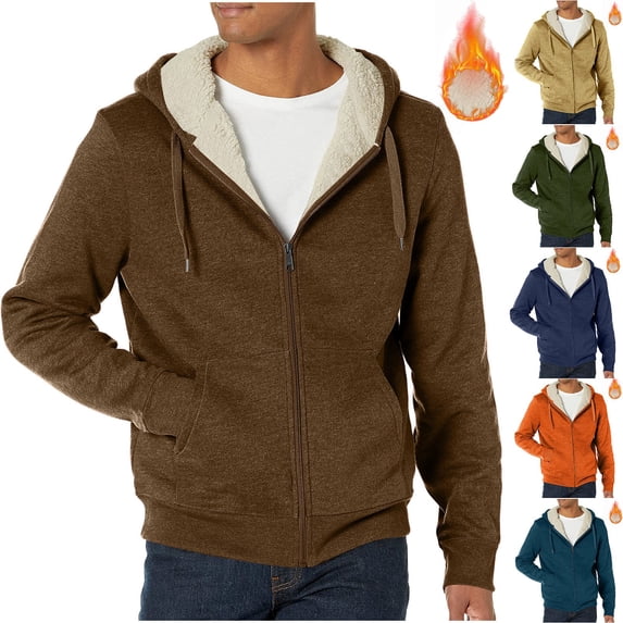 BXINGOHAI Fleece Hoodie for Men Warm Full Zip Sherpa Lined Sweatshirt Winter Jacket Orange,2XL
