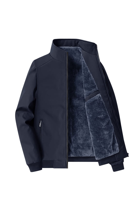 Fleece Jackets for Men Full Zip Long Sleeve Coats Fall Winter Jacket Thick Stand Collar Coat Casual Daily Outwear With Zip Pockets Light Blue,M