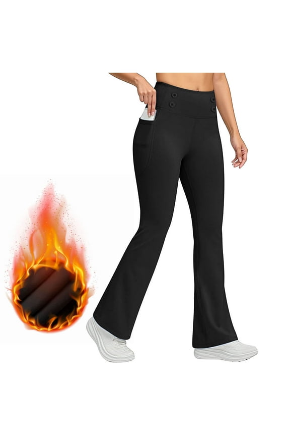 Fleece Lined Leggings Women-Winter Flare Leggings Tummy Control High Waisted Winter Warm Soft Yoga Pants Black 2XL