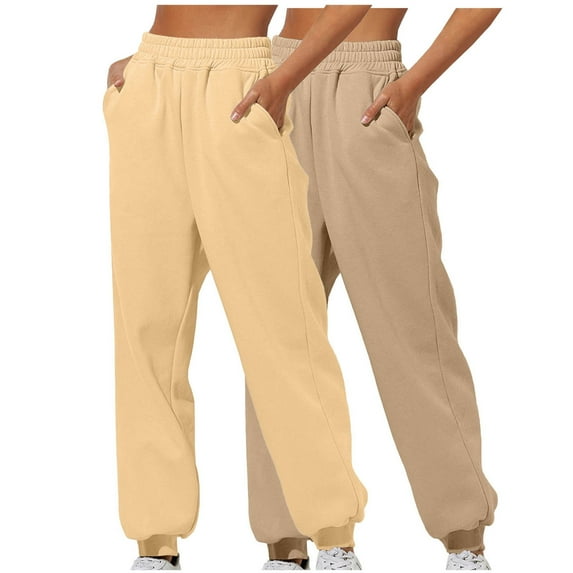 BXINGOHAI Fleece Lined Sweatpants Women 2 Pack Joggers Elastic Waist Sweatpants Lounge Pants Loose Fit Solid Color Khaki,M